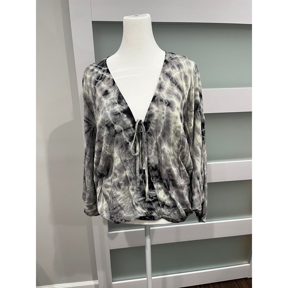 Blu Moon Tie Front Long Sleeve Rayon Top‎ XS Tie Dye Black White Grey